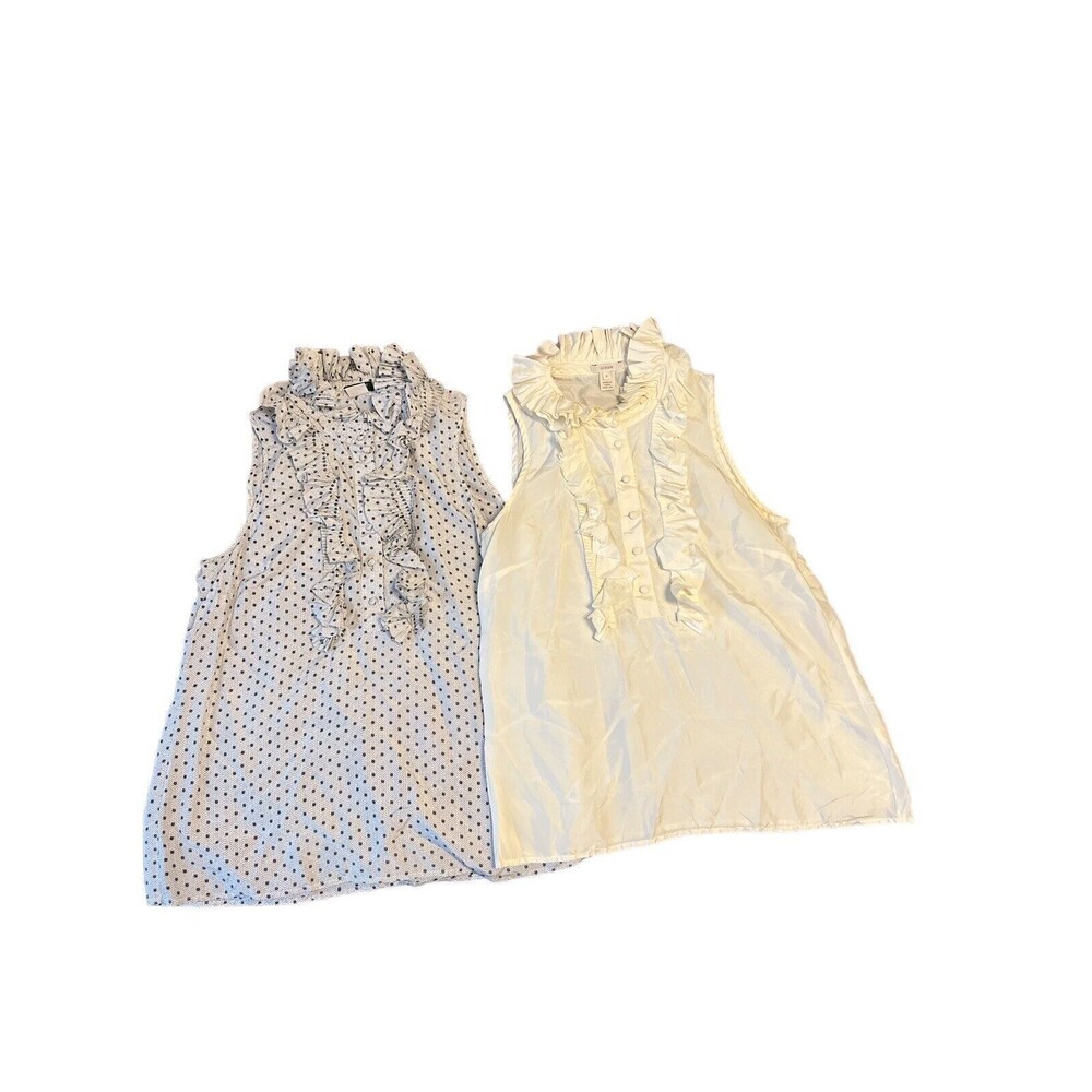 J.Crew 100% Silk Lot Of 2 Ruffle Neck Sleeveless Tunic Blouse Sz 0 & 4 White
